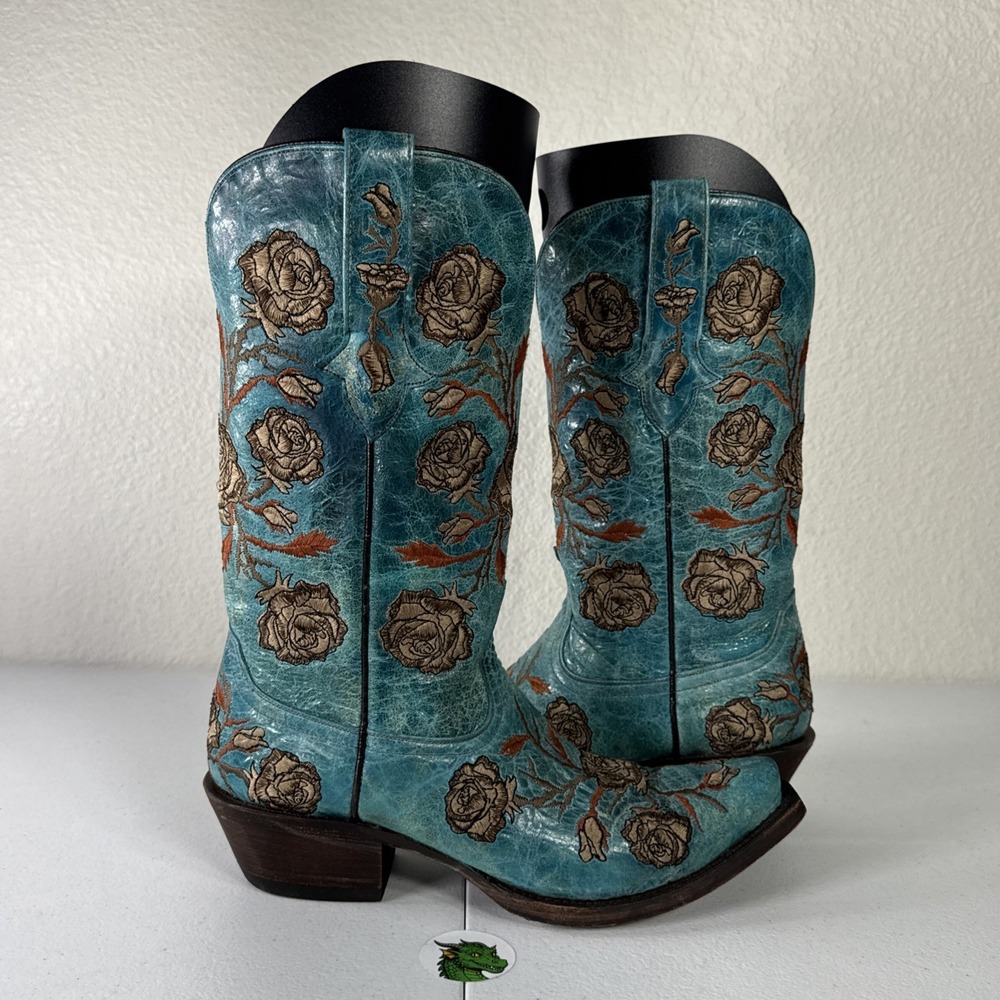 Lucchese Turquoise Cowboy Boots Womens 6 Distressed Embroidered Roses M5646 - Picture 5 of 16